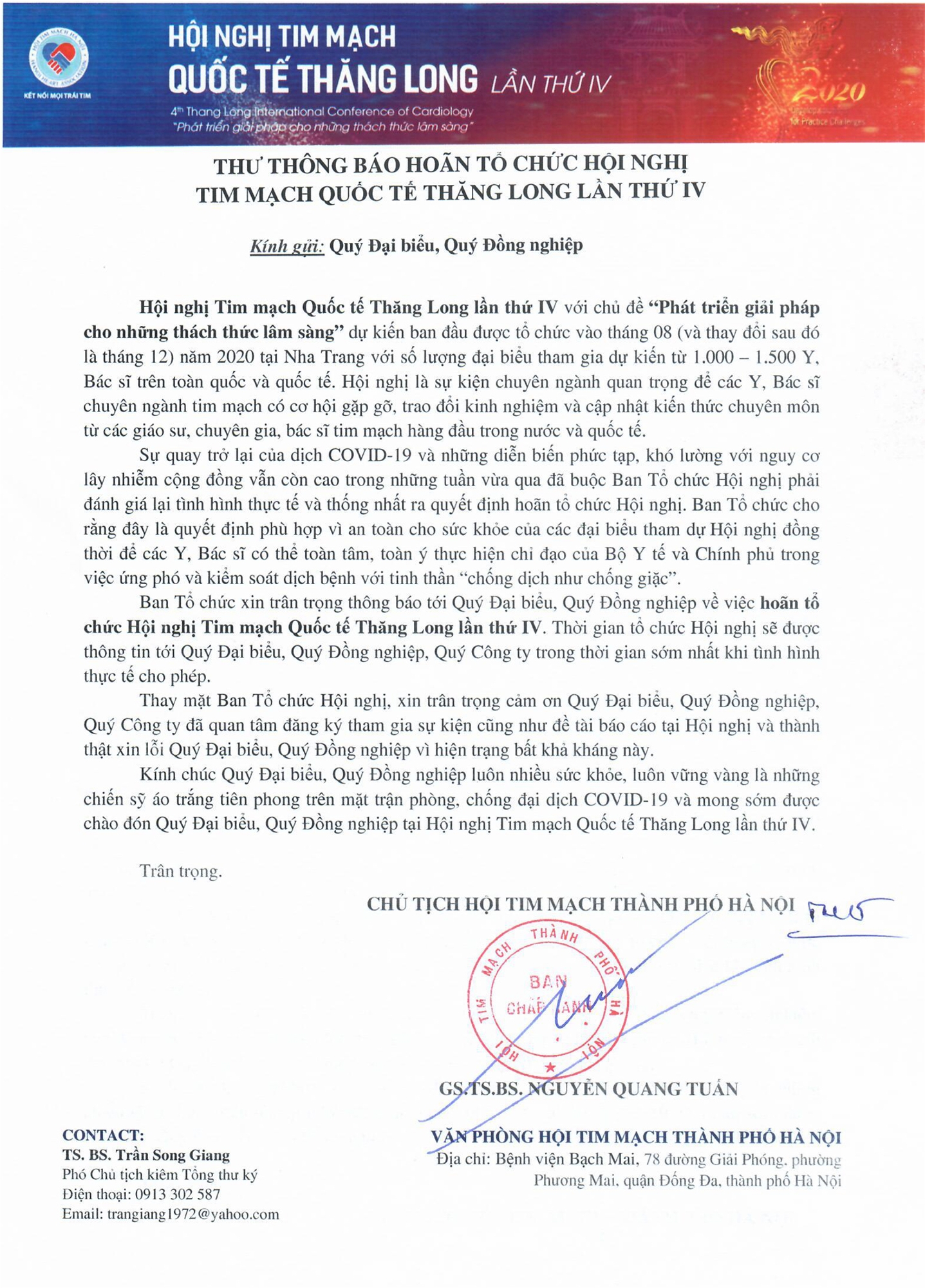 Thư thông báo hoãn tổ chức Hội nghị Tim mạch Quốc tế Thăng Long lần thứ IV