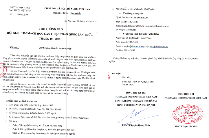Thư Thông báo Hội nghị Tim mạch học can thiệp Toàn quốc lần 4 (Tháng 10/2015)