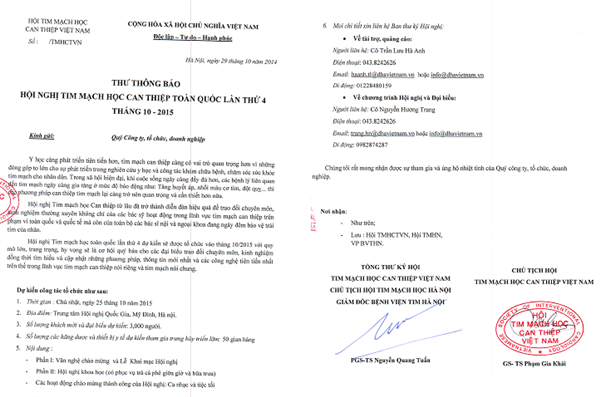Thư Thông báo Hội nghị Tim mạch học can thiệp Toàn quốc lần 4 (Tháng 10/2015)